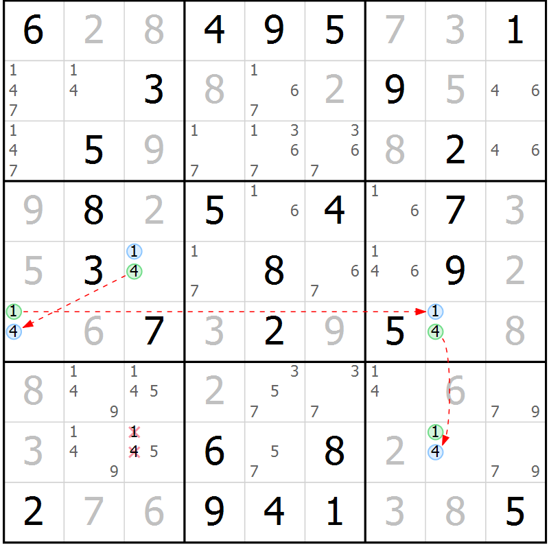 Position des candidats pour la solution de la Gr 42 page 45 du magazine de sudoku Virtuose n° 117