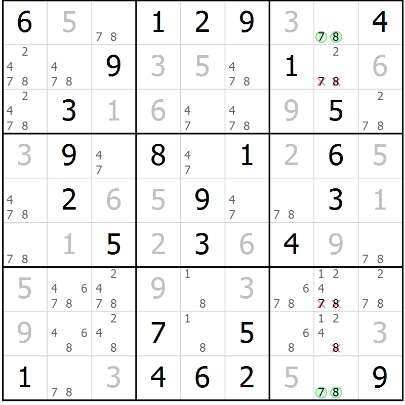 Position des candidats pour la solution de la Gr 43 page 46 du magazine de sudoku Virtuose n° 117