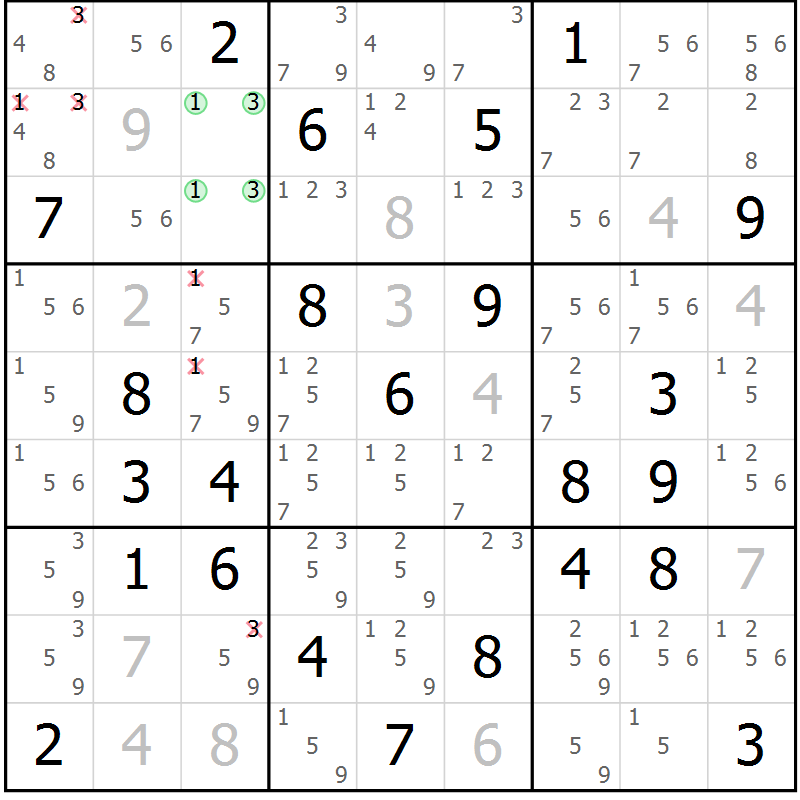 Position des candidats pour la solution de la Gr 44 page 47 du magazine de sudoku Virtuose n° 117