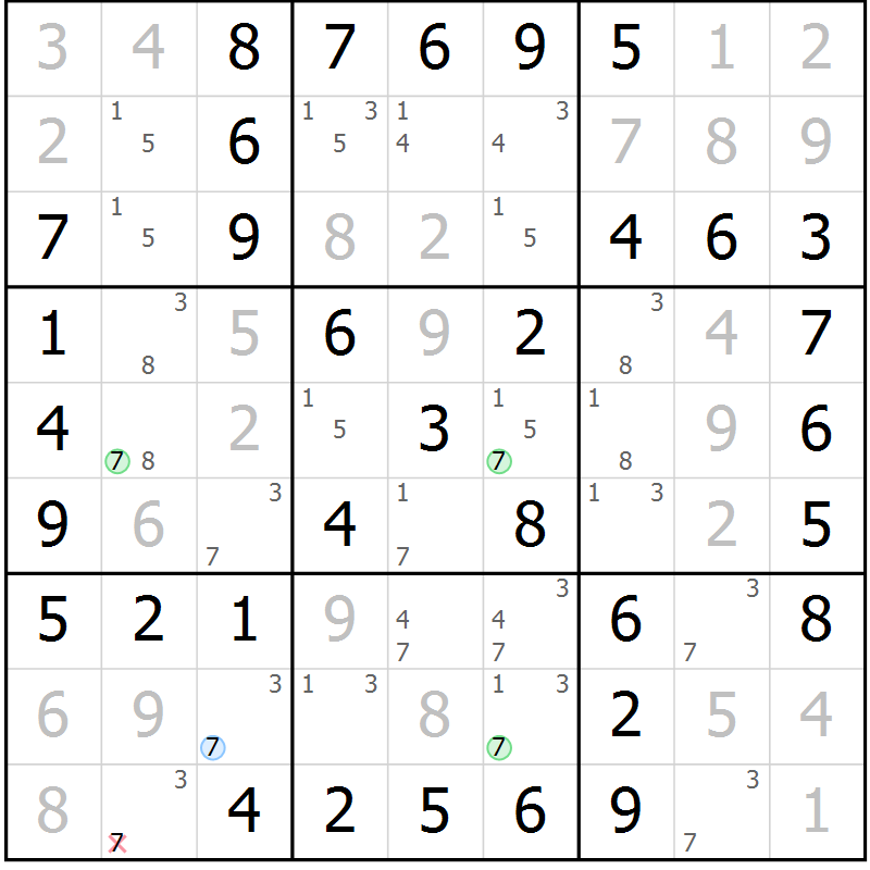 Position des candidats pour la solution de la Gr 45 page 48 du magazine de sudoku Virtuose n° 117