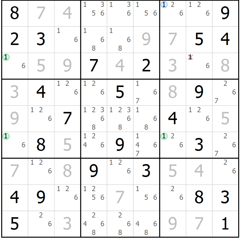 Position des candidats pour la solution de la Gr 46 page 49 du magazine de sudoku Virtuose n° 117