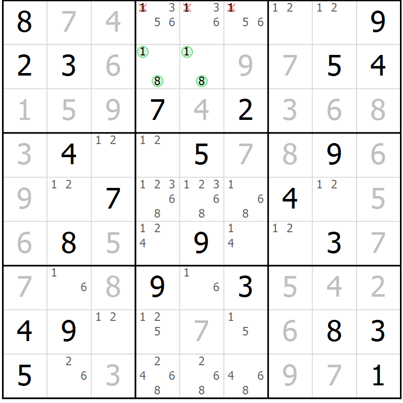 Position des candidats pour la solution de la Gr 46 page 49 du magazine de sudoku Virtuose n° 117