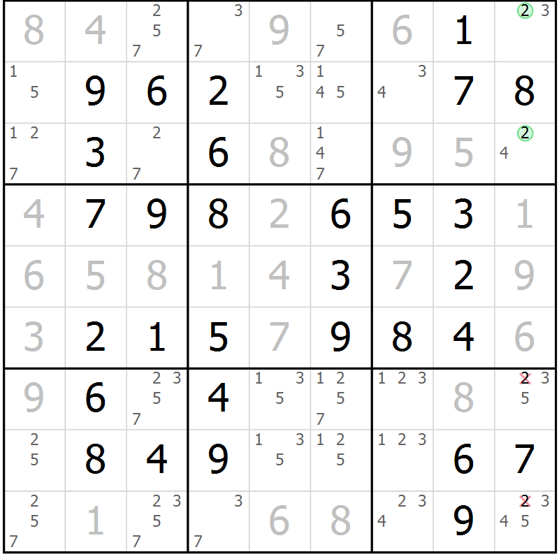 Position des candidats pour la solution de la Gr 49 page 52 du magazine de sudoku Virtuose n° 117