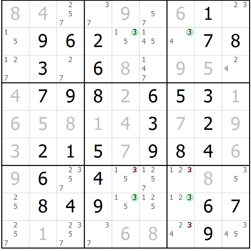 Position des candidats pour la solution de la Gr 49 page 52 du magazine de sudoku Virtuose n° 117