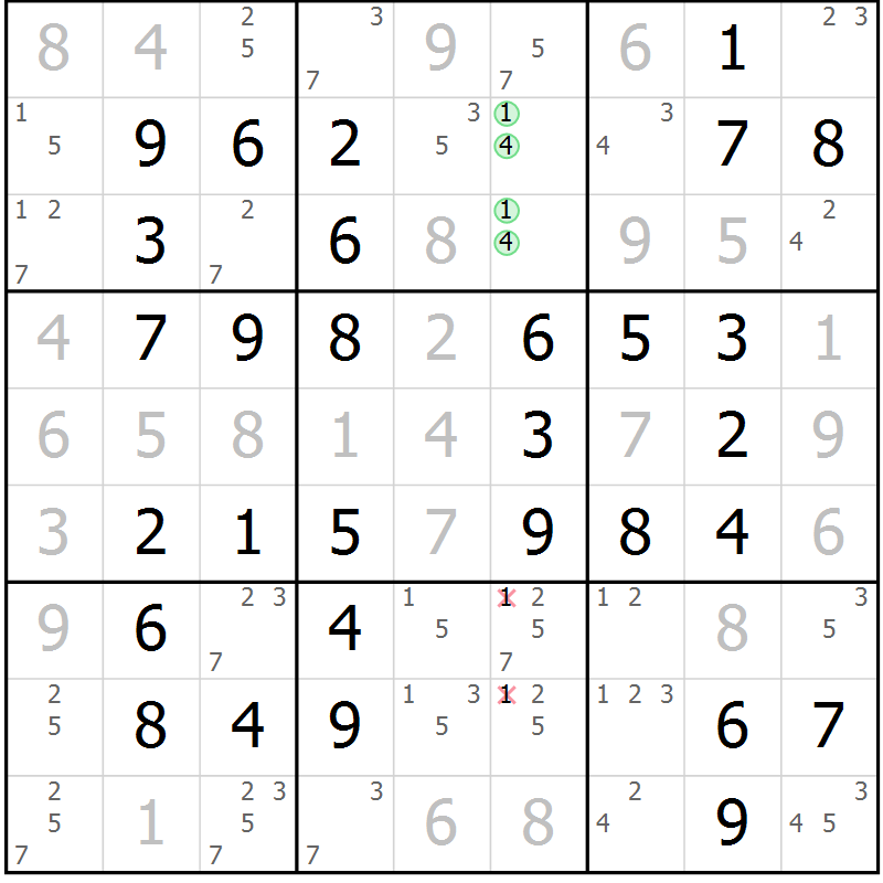 Position des candidats pour la solution de la Gr 49 page 52 du magazine de sudoku Virtuose n° 117