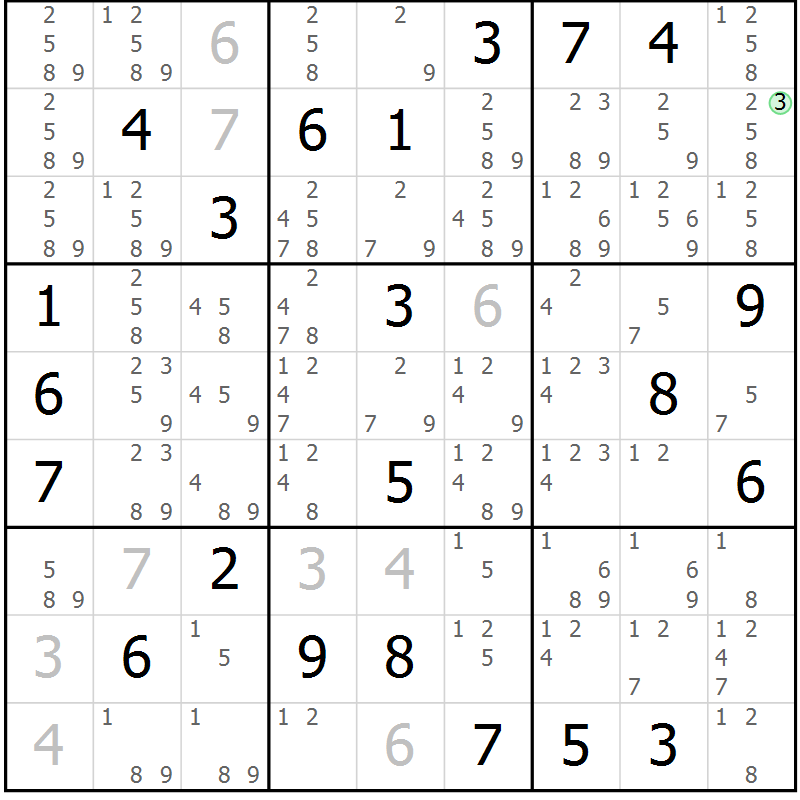 Position des candidats pour la solution de la Gr 5 page 8 du magazine de sudoku Virtuose n° 117