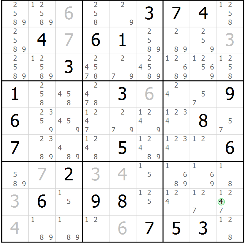 Position des candidats pour la solution de la Gr 5 page 8 du magazine de sudoku Virtuose n° 117