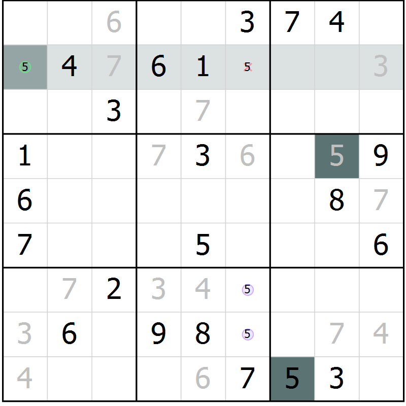 Position des candidats pour la solution de la Gr 5 page 8 du magazine de sudoku Virtuose n° 117