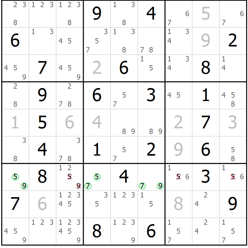 Position des candidats pour la solution de la Gr 50 page 53 du magazine de sudoku Virtuose n° 117