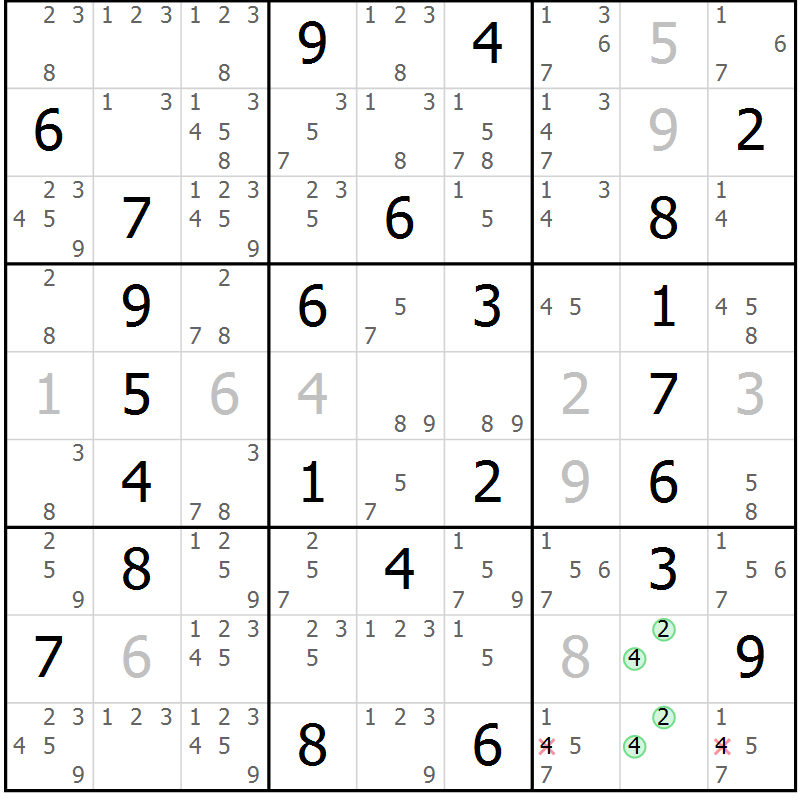 Position des candidats pour la solution de la Gr 50 page 53 du magazine de sudoku Virtuose n° 117