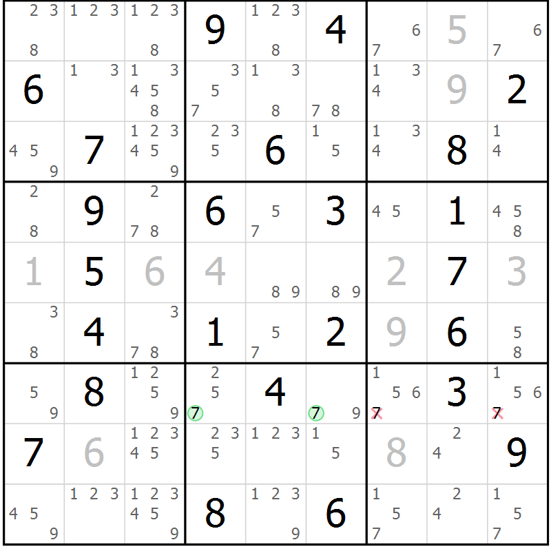 Position des candidats pour la solution de la Gr 50 page 53 du magazine de sudoku Virtuose n° 117