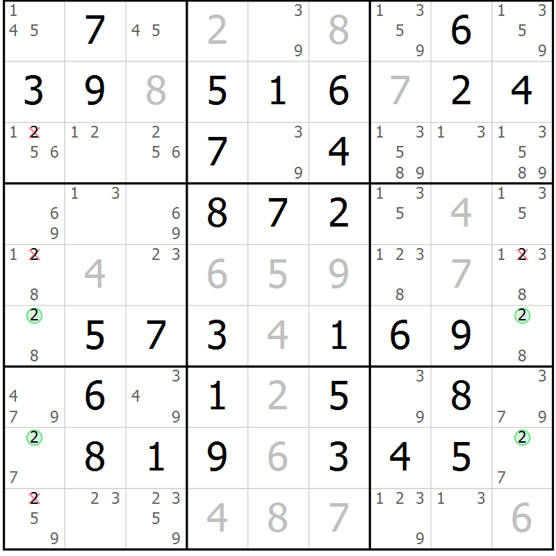 Position des candidats pour la solution de la Gr 52 page 55 du magazine de sudoku Virtuose n° 117