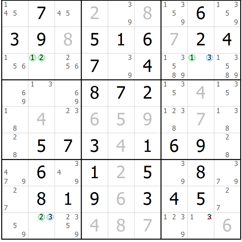 Position des candidats pour la solution de la Gr 52 page 55 du magazine de sudoku Virtuose n° 117