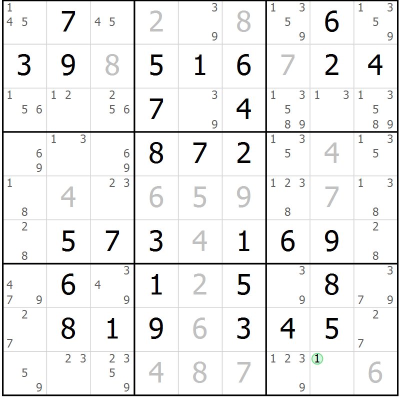 Position des candidats pour la solution de la Gr 52 page 55 du magazine de sudoku Virtuose n° 117