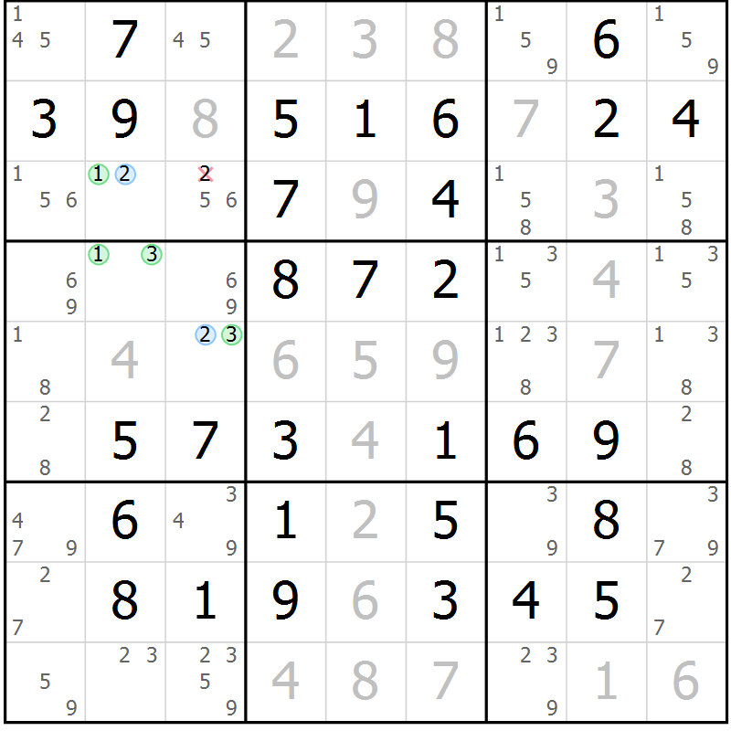 Position des candidats pour la solution de la Gr 52 page 55 du magazine de sudoku Virtuose n° 117