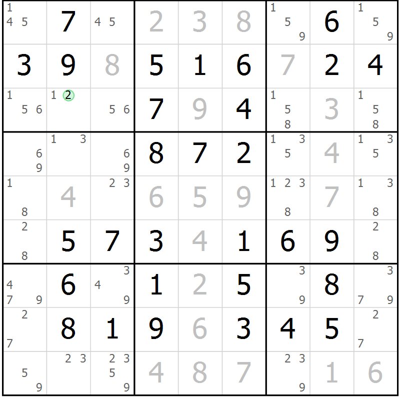 Position des candidats pour la solution de la Gr 52 page 55 du magazine de sudoku Virtuose n° 117