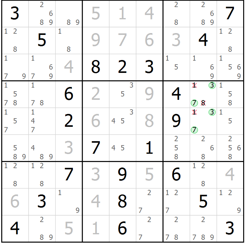 Position des candidats pour la solution de la Gr 53 page 56 du magazine de sudoku Virtuose n° 117