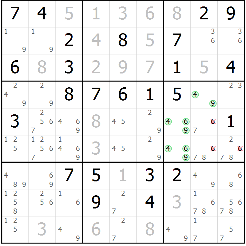 Position des candidats pour la solution de la Gr 54 page 57 du magazine de sudoku Virtuose n° 117
