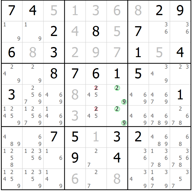 Position des candidats pour la solution de la Gr 54 page 57 du magazine de sudoku Virtuose n° 117