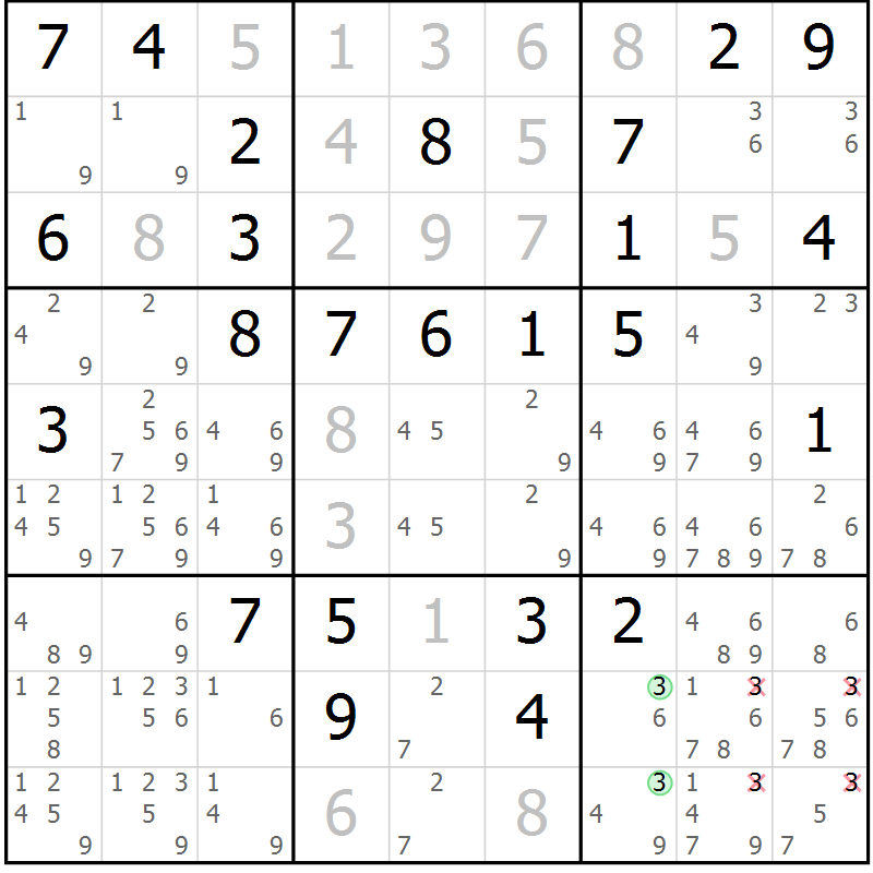 Position des candidats pour la solution de la Gr 54 page 57 du magazine de sudoku Virtuose n° 117