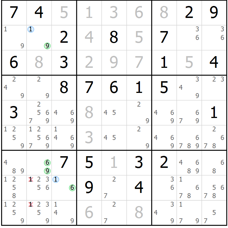 Position des candidats pour la solution de la Gr 54 page 57 du magazine de sudoku Virtuose n° 117
