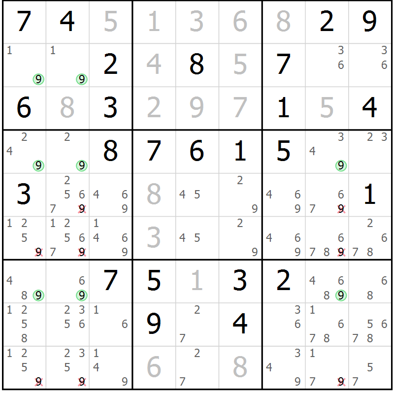 Position des candidats pour la solution de la Gr 54 page 57 du magazine de sudoku Virtuose n° 117