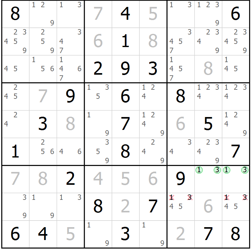 Position des candidats pour la solution de la Gr 55 page 58 du magazine de sudoku Virtuose n° 117
