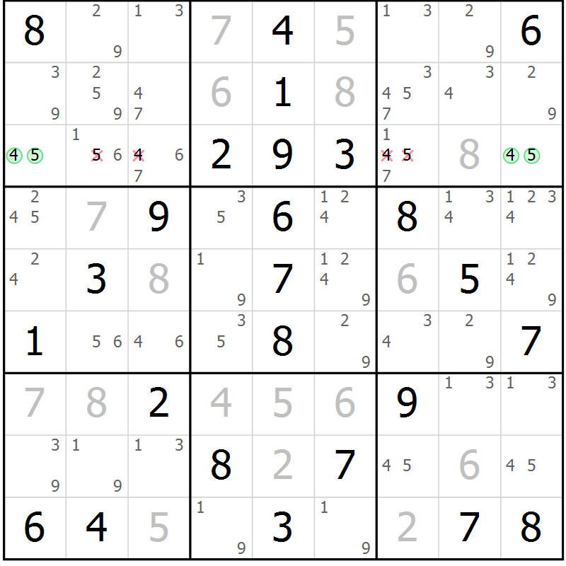 Position des candidats pour la solution de la Gr 55 page 58 du magazine de sudoku Virtuose n° 117