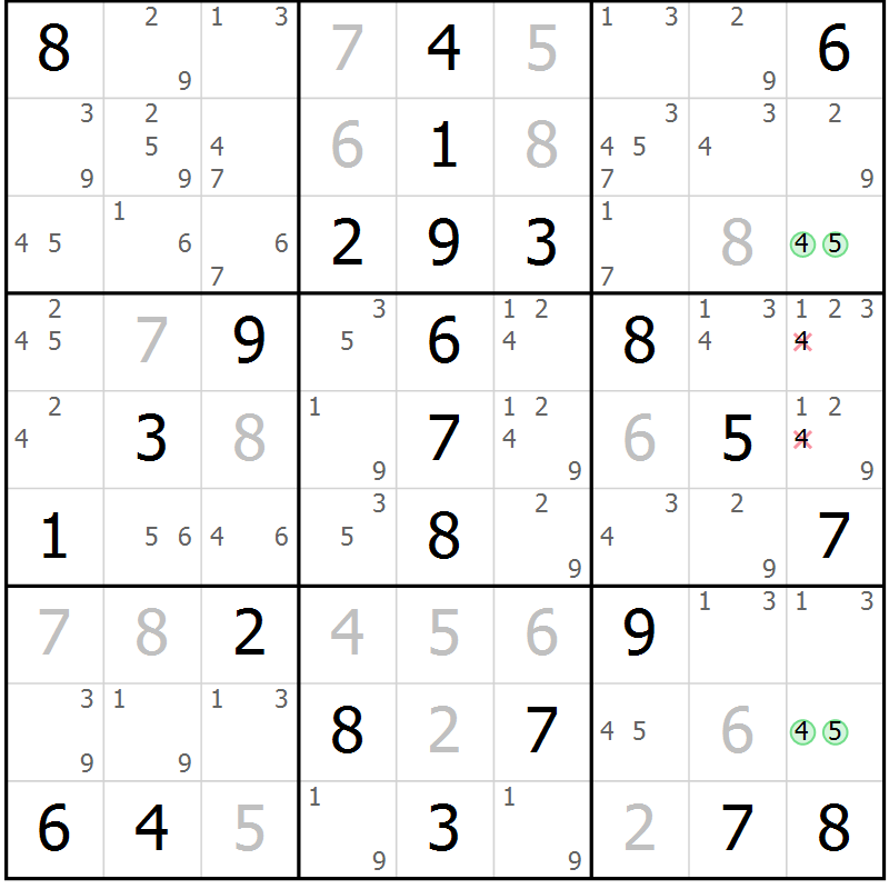 Position des candidats pour la solution de la Gr 55 page 58 du magazine de sudoku Virtuose n° 117