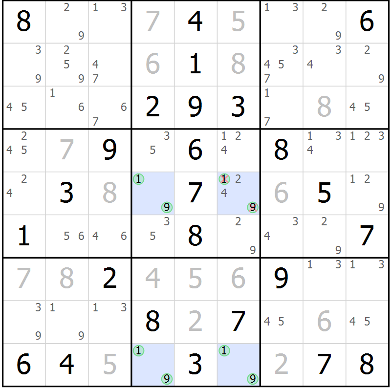 Position des candidats pour la solution de la Gr 55 page 58 du magazine de sudoku Virtuose n° 117