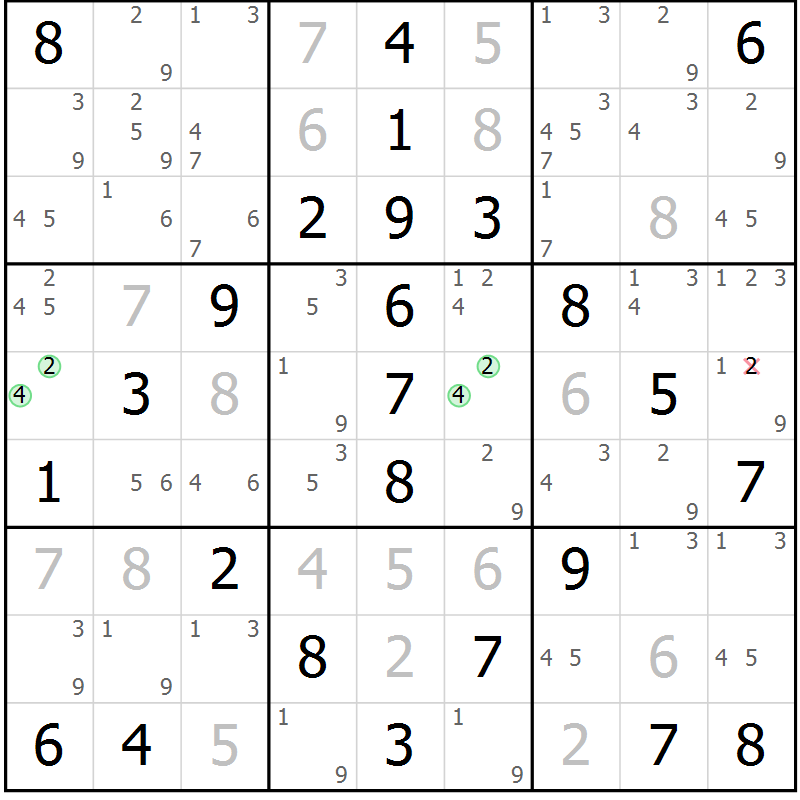 Position des candidats pour la solution de la Gr 55 page 58 du magazine de sudoku Virtuose n° 117