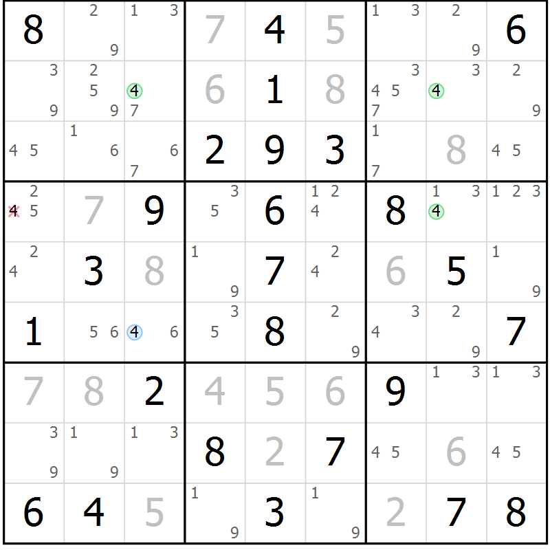 Position des candidats pour la solution de la Gr 55 page 58 du magazine de sudoku Virtuose n° 117