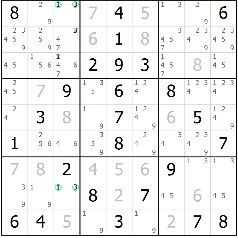 Position des candidats pour la solution de la Gr 55 page 58 du magazine de sudoku Virtuose n° 117