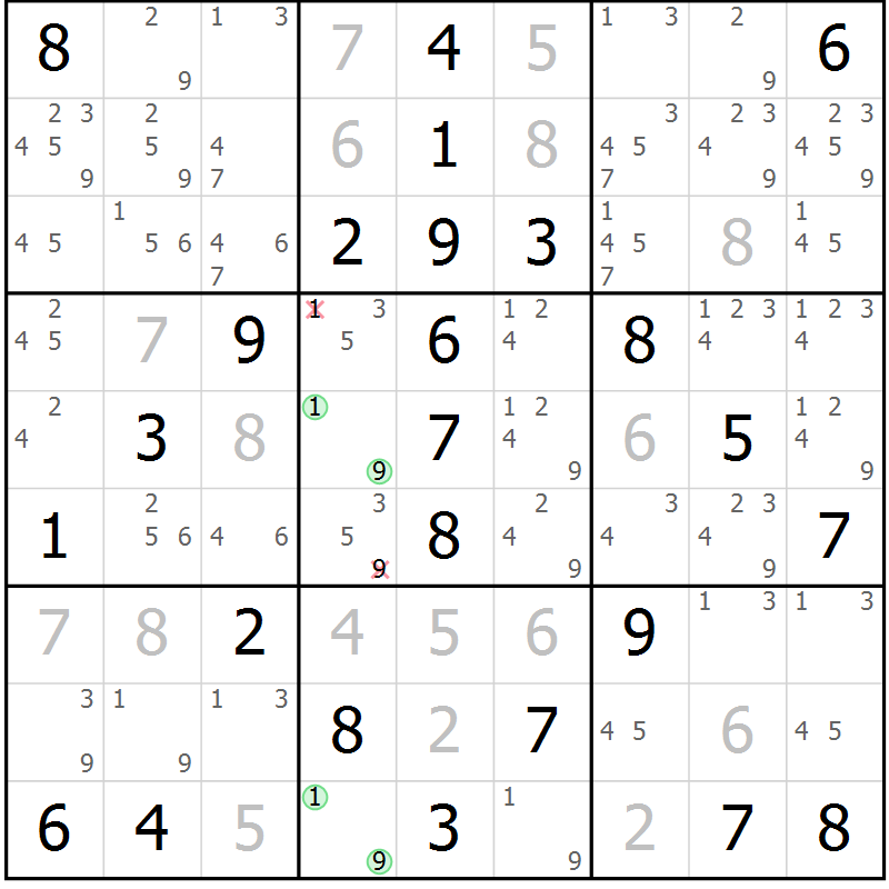 Position des candidats pour la solution de la Gr 55 page 58 du magazine de sudoku Virtuose n° 117