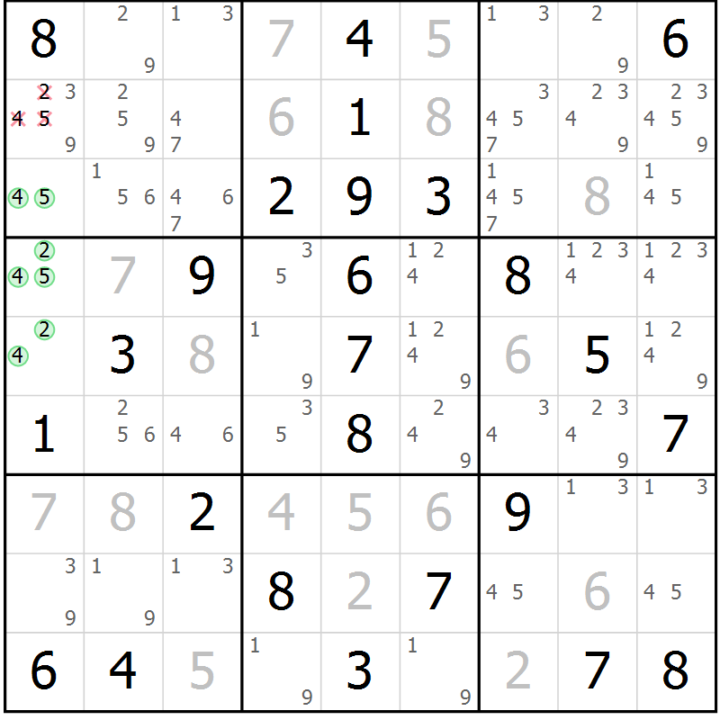 Position des candidats pour la solution de la Gr 55 page 58 du magazine de sudoku Virtuose n° 117
