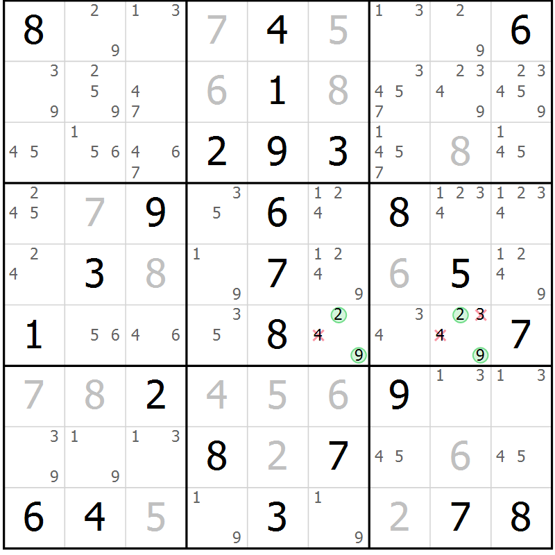 Position des candidats pour la solution de la Gr 55 page 58 du magazine de sudoku Virtuose n° 117