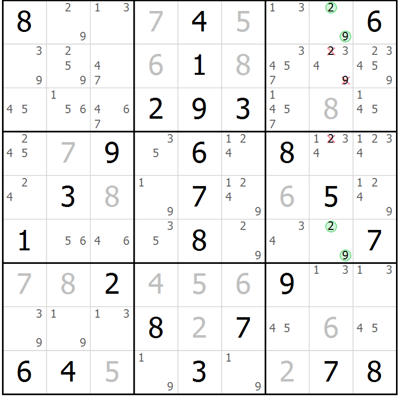 Position des candidats pour la solution de la Gr 55 page 58 du magazine de sudoku Virtuose n° 117