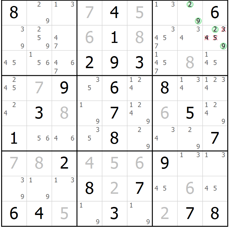 Position des candidats pour la solution de la Gr 55 page 58 du magazine de sudoku Virtuose n° 117