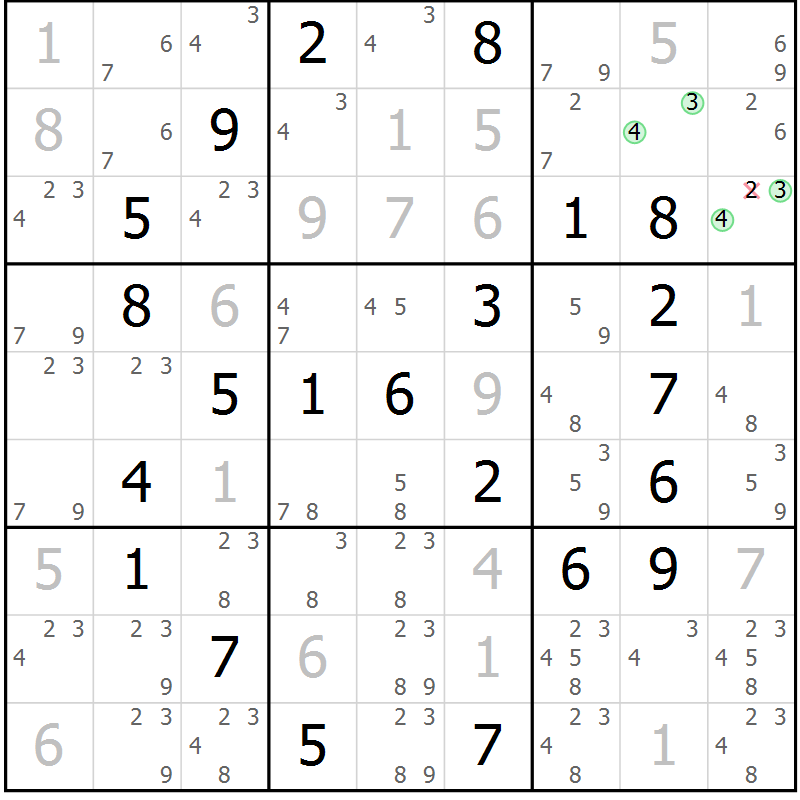 Position des candidats pour la solution de la Gr 56 page 59 du magazine de sudoku Virtuose n° 117