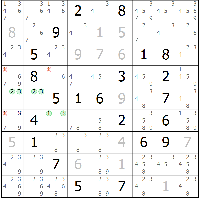Position des candidats pour la solution de la Gr 56 page 59 du magazine de sudoku Virtuose n° 117
