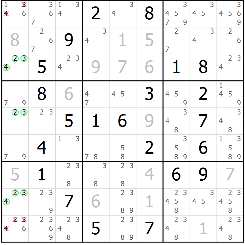 Position des candidats pour la solution de la Gr 56 page 59 du magazine de sudoku Virtuose n° 117