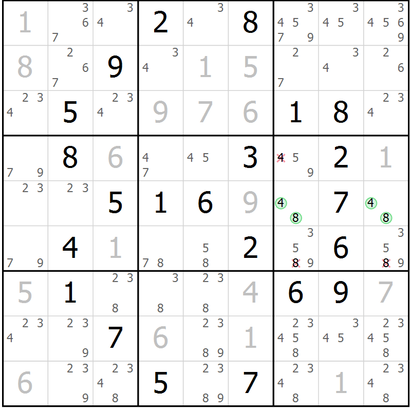 Position des candidats pour la solution de la Gr 56 page 59 du magazine de sudoku Virtuose n° 117
