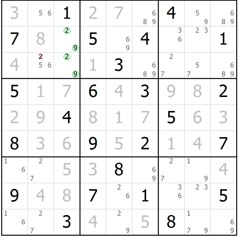 Position des candidats pour la solution de la Gr 57 page 60 du magazine de sudoku Virtuose n° 117
