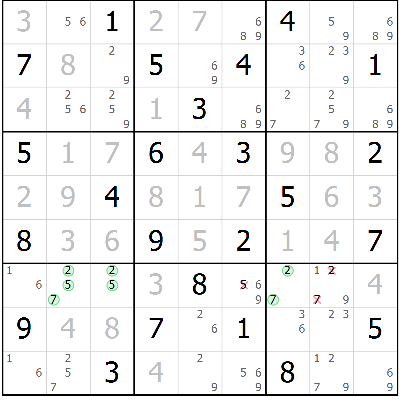 Position des candidats pour la solution de la Gr 57 page 60 du magazine de sudoku Virtuose n° 117