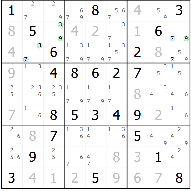Position des candidats pour la solution de la Gr 58 page 61 du magazine de sudoku Virtuose n° 117