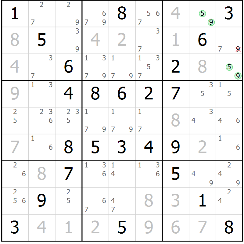 Position des candidats pour la solution de la Gr 58 page 61 du magazine de sudoku Virtuose n° 117