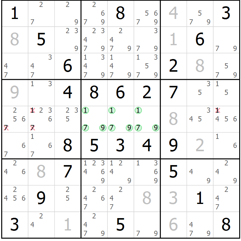 Position des candidats pour la solution de la Gr 58 page 61 du magazine de sudoku Virtuose n° 117