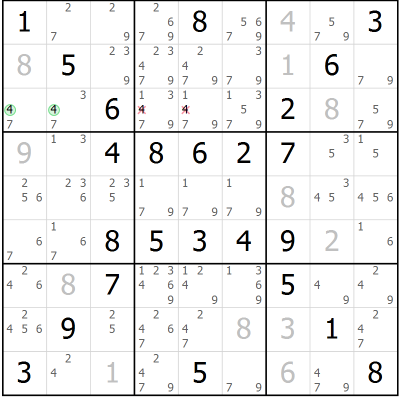 Position des candidats pour la solution de la Gr 58 page 61 du magazine de sudoku Virtuose n° 117