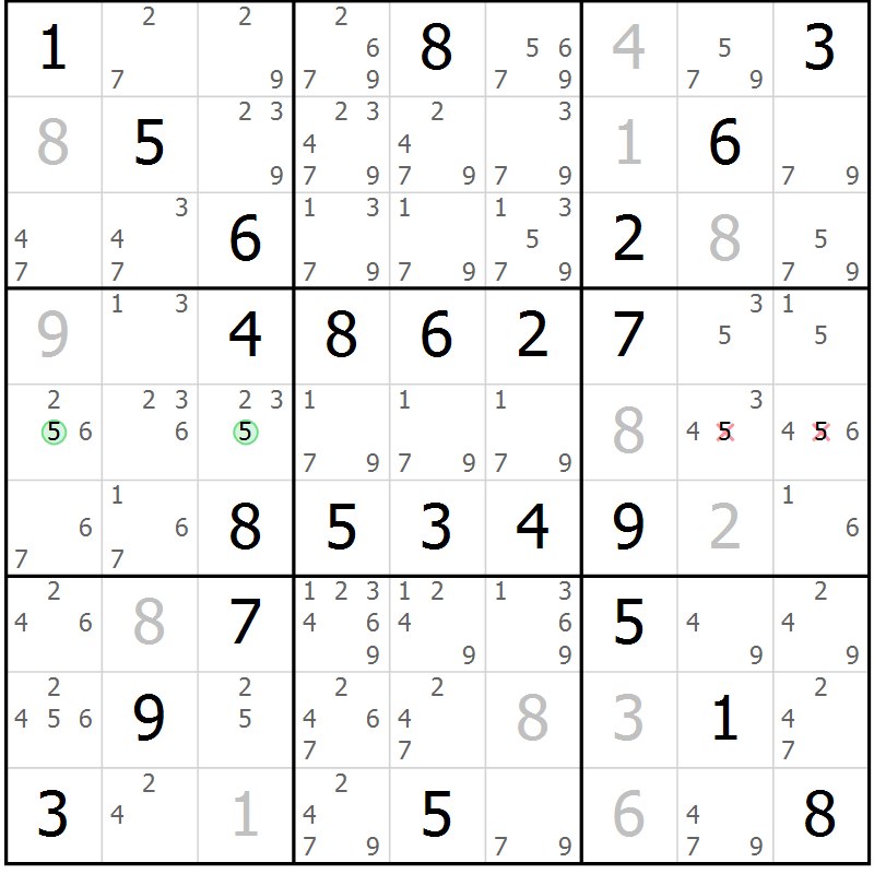 Position des candidats pour la solution de la Gr 58 page 61 du magazine de sudoku Virtuose n° 117
