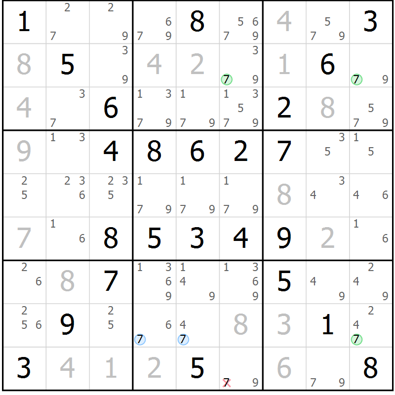 Position des candidats pour la solution de la Gr 58 page 61 du magazine de sudoku Virtuose n° 117